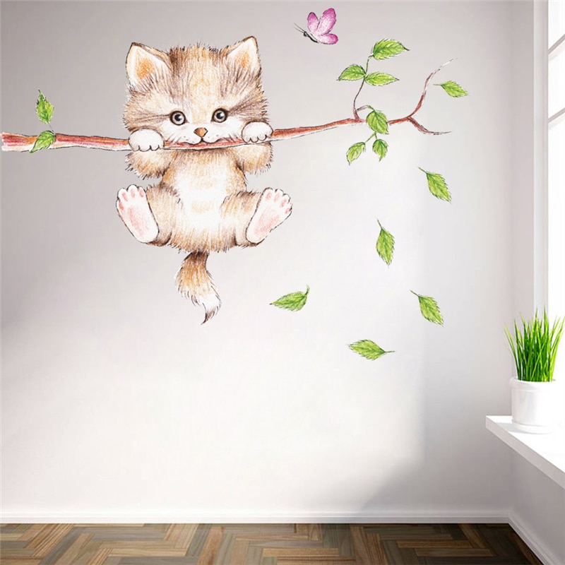 SchöNe katze schmetterling baum zweig Zauberstab aufkleber wohnkultur wohnzimmer Karikatur Ebene wandbild kunst diy Poster pvc Zauberstab abziehbilder