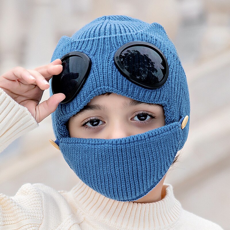 Art 2 in 1 Rippen betroffen Mütze Hütte Mund Maske einstellen Winter Warme Winddicht Schnee Gefesselt Earflap Kappe mit Brille brille