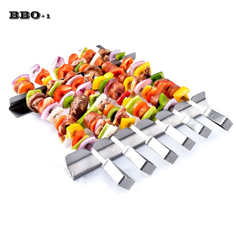 BBQ Zubehör 6 stücke Edelstahl BBQ Spieße mit 2 Grill Gestell Halfter Flache Gabeln Kebab Breite BBQ Nadel Grill zubehör