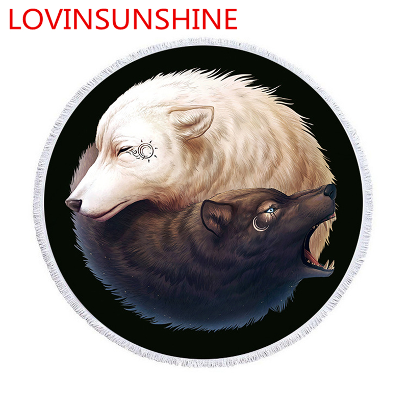 3D Wolf Runde Strand Handtuch für Erwachsene Mikrofaser Quaste Komprimiert Handtuch Schwarz Decke Große Schlecht Handtuch Tapisserie Yoga Matten