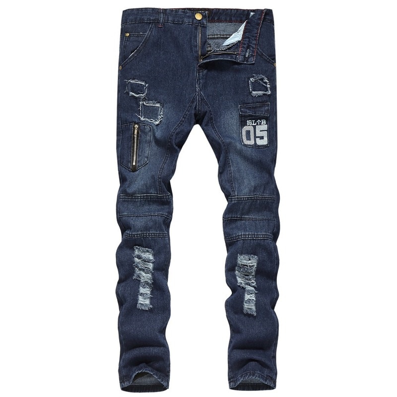 Jeans männer betrübt strecken Zerrissene Jeans Männer Hüfte hüpfen schlank passen Punk Denim Jeans Baumwolle Hosen Reißverschluss Jeans Schwarz Jeans Männer