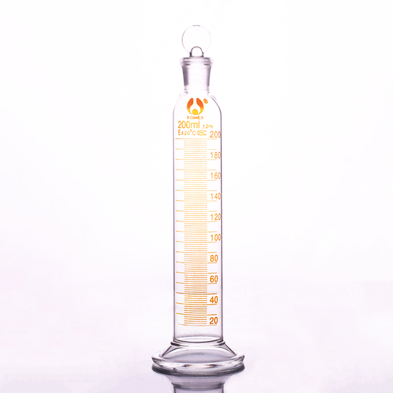 Hohe borosilikatglas Sauerei zylinder mit promotionen und boden-in glas Stopper, Kapazität 200ml,Labor Zylinder