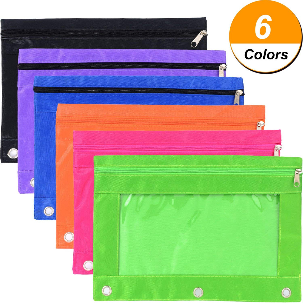 XRHYY 6 stücke Ring Bindemittel Tasche Bleistift Tasche mit Löcher 3-Ring Reißverschluss Beutel mit Sichtfenster (6 farben)