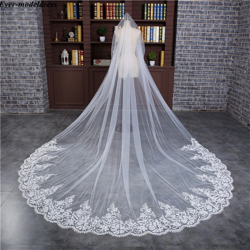Elegante Tüll Hochzeit Schleier Spitze Appliques Rand 3 Meter Kathedrale Schleier Mit Kamm Weiß Elfenbein Braut Zubehör für Hochzeit