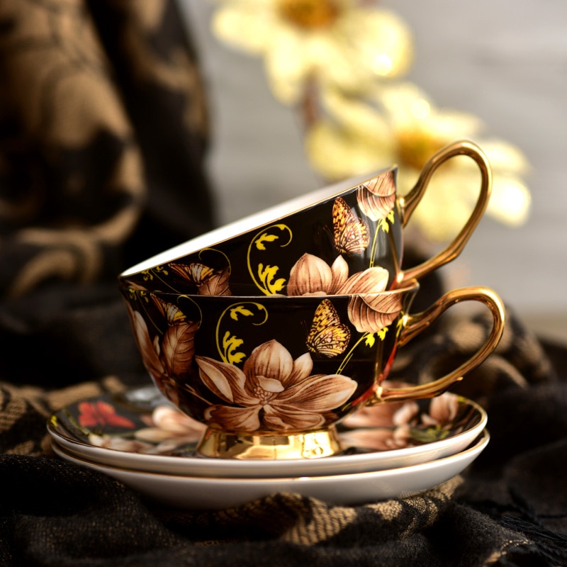 oben Klasse Knochen China retro Kaffee Tasse einstellen Schwarz Kreative Magnolie blumen Kaffee einstellen Englisch Nachmittag Tee Tasse Kreative