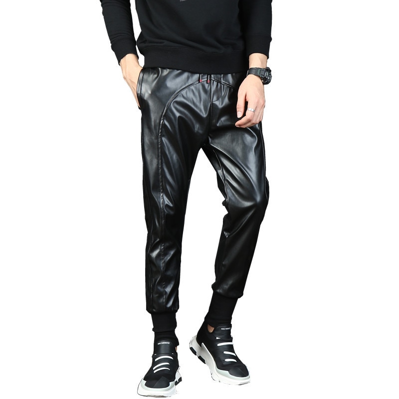 Herren Punk Moto Faux Leder hosen Männlichen Gabelung Harem Hosen Straße tanzen DJ ausgebeult Jogger Kordelzug Nacht Verein hosen 1005