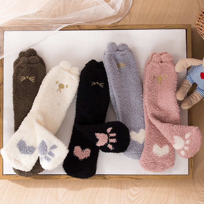 Katze Klaue frauen Socken Mädchen der Winter Zu Hause Boden Socken Korallen Vlies Schlaf Socken Frauen Socken Karikatur Sox kawaii Socken