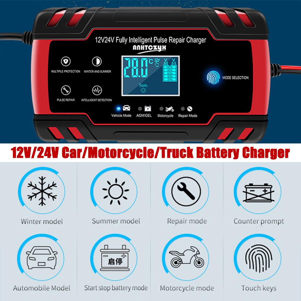 Auto Batterie Ladegerät 12/24V 8A Touchscreen Puls Reparatur LCD Batterie Ladegerät Für Auto Motorrad Blei Säure batterie Agm Gel Nass