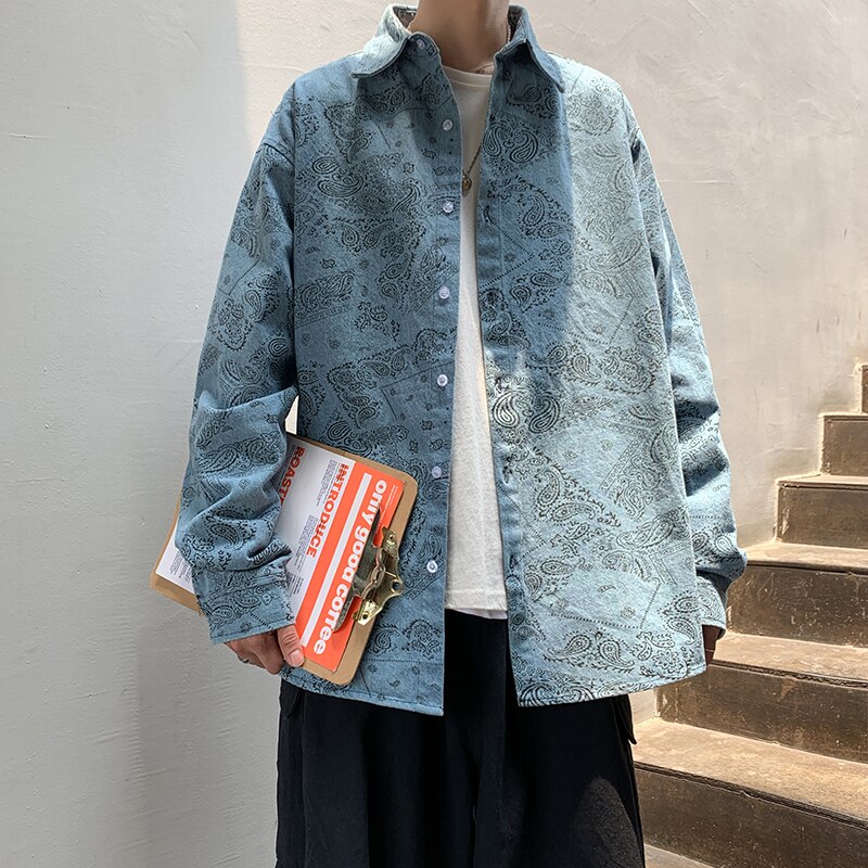 frühling Denim Shirt für Männer Volk-Brauch drucken Langarm Hemden Lässig Männlichen Kleidung Hüfte hüpfen Streetwear verlieren Spitzen