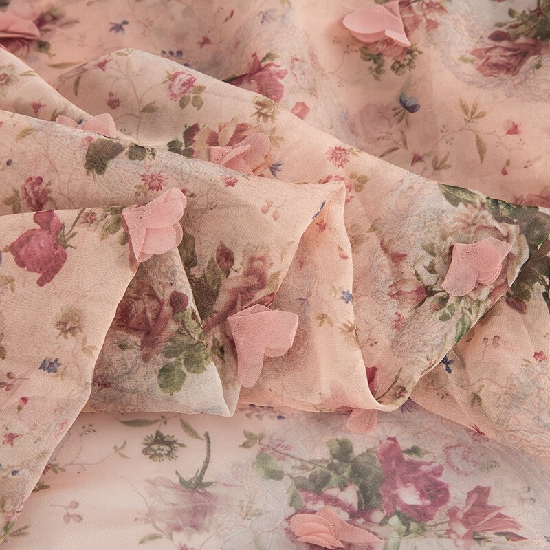 Chiffon blume stickerei rosa frauen kleid stoff vorhang dreidimensionale stickerei stoff