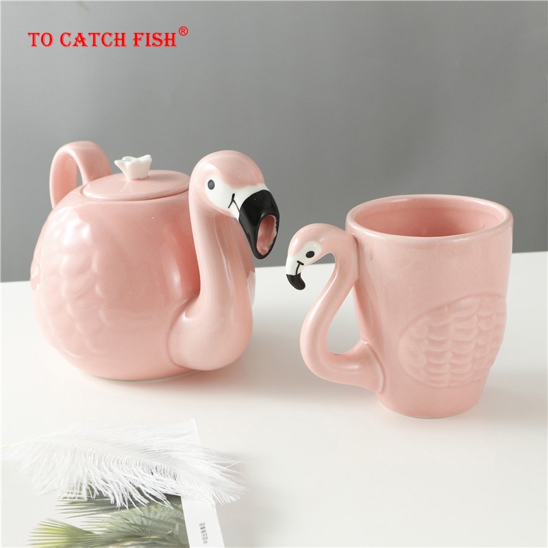 exquisit 3D Flamingos Coffeware setzt, Super Schönheit Kaffee Becher Tasse Teekanne Mädchen Geburtstag , kaffee topf Tee-einstellen Weihnachten