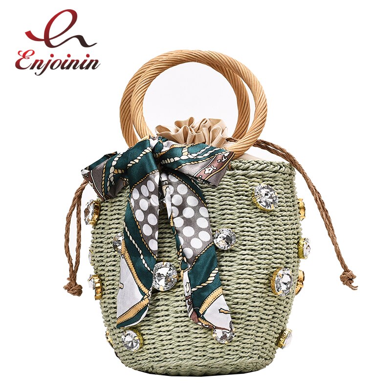 Hand gewebte Stroh Diamant Schal Frauen lässig Handtasche Eimer Tasche Geldbörse Tasche Taschen handtaschen