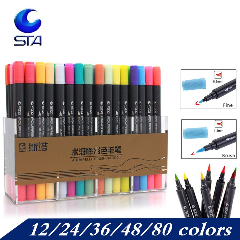 STA 80 Farben einstellen Tinte Auf Wasserbasis Skizze Marker Stifte Zwilling Spitze Feinen Pinsel Marker Stift Für Grafik Zeichnung Manga kunst Liefert