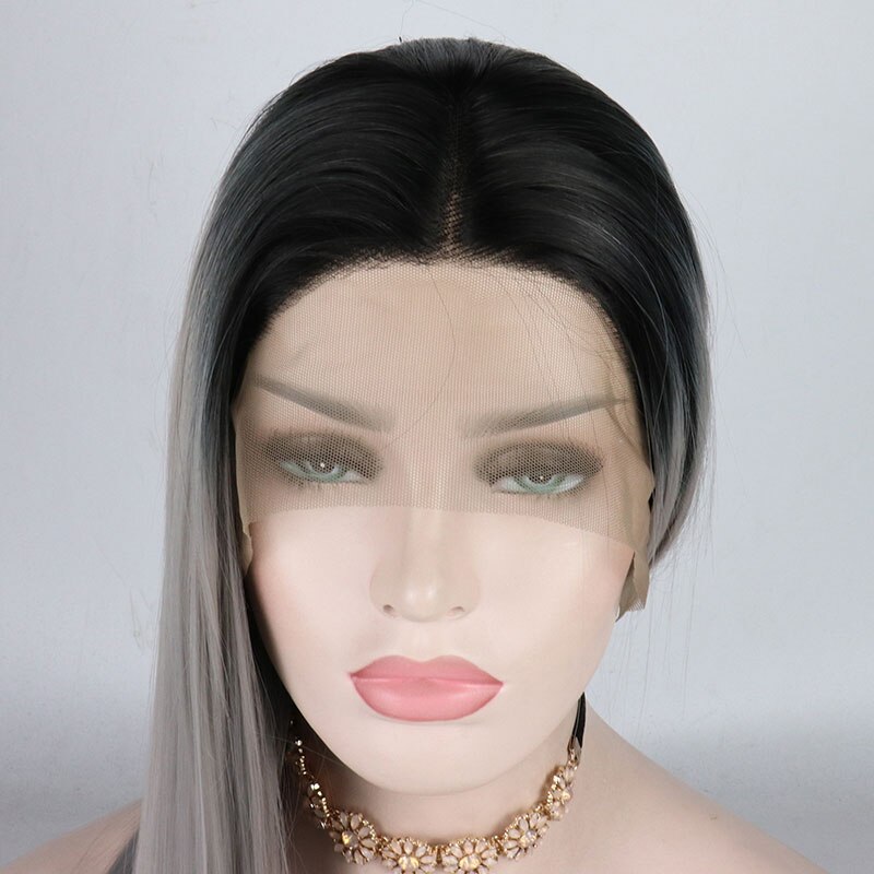 Bombe Schwarz Wurzeln Ombre Grau Gerade Synthetische Haar Perücke Spitze Vor Hitze Beständig Faser Haar Mittelscheitel Für Frauen Perücken