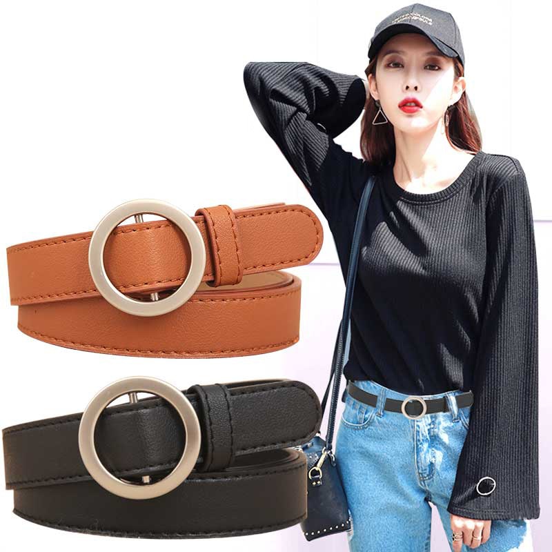 1pc Kreis Stift Schnallen Gürtel Weibliche Abzug Seite Gold Schnalle Jeans Einfache PU Wilden Gürtel für Studenten Mädchen frauen