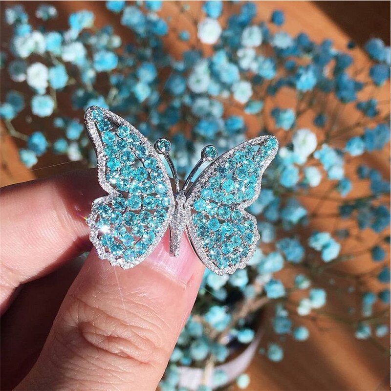 sehen Blau Zirkon Schmetterling Ringe Für Frauen Schmuck Silbrig Ring Weibliche Süße Große Ring Damen Boho Hochzeit Promiae Ringe