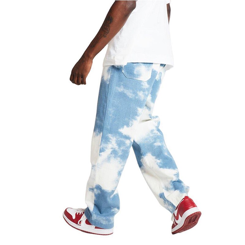 Mens lässig verlieren Gerade Denim Hosen binden Farbstoff Drucken Himmel Blau Lange Hosen Gerade Jeans Streetwear Plus Größe Jeans hombre