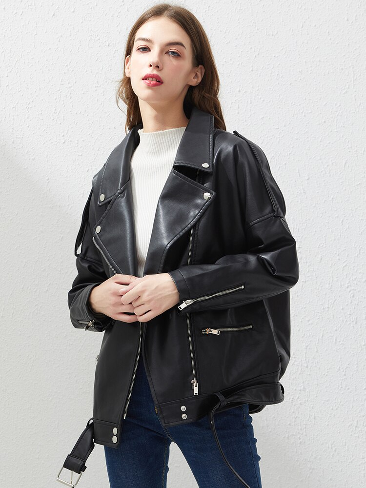 Fitaylor PU Faux Leder Jacke Frauen verlieren Schärpen lässig Radfahrer Jacken Outwear Weibliche Spitzen BF Stil Schwarz Leder Jacke Mantel