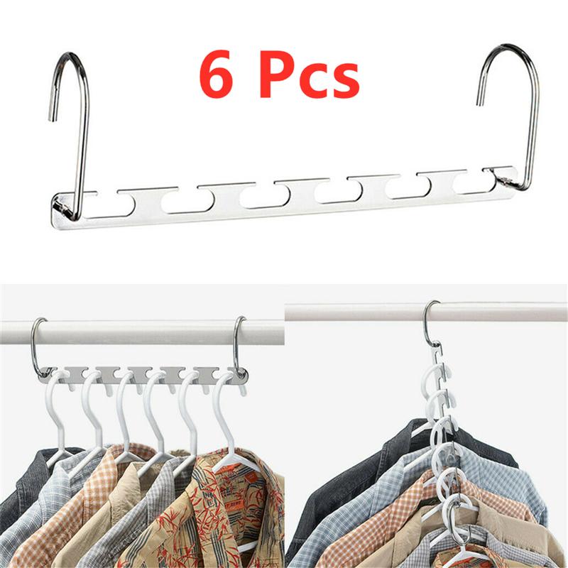 6 stücke Kleidung KleiderbüGel Multi-Zweck Schrank Bar Kleiderschrank KleiderbüGel Silber Kleidung Organizer Platzsparende Hängen Gestell Mit haken