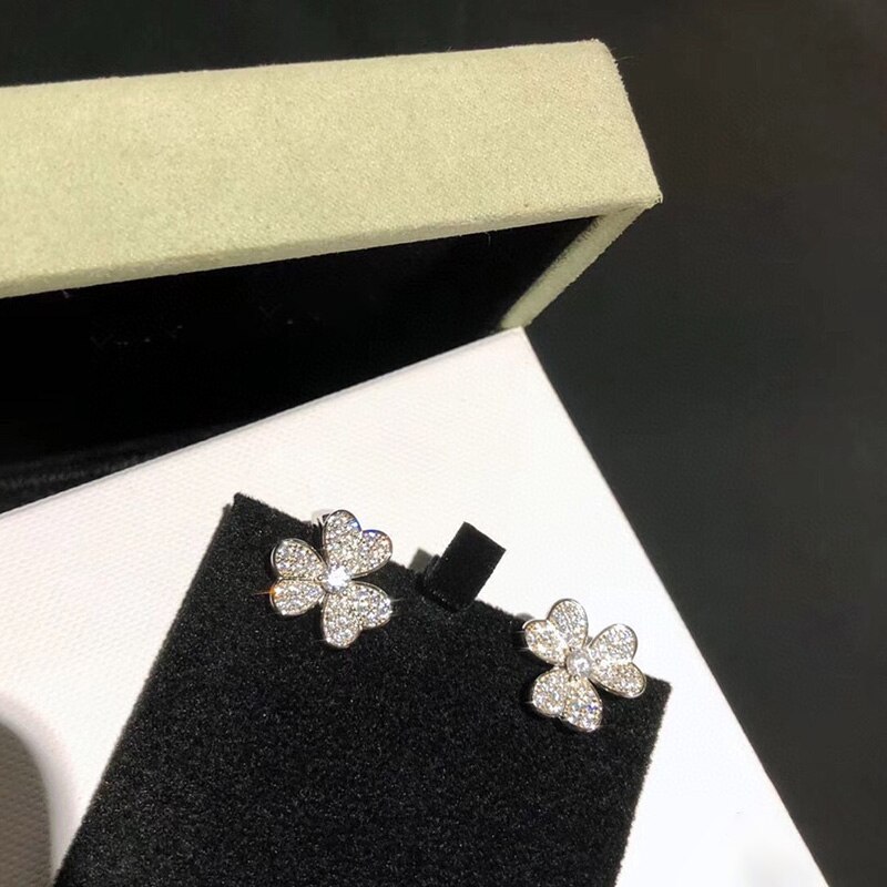 Heißer Reine 925 Sterling Silber Ohrringe 3 Blatt Kleeblatt Blume Ohrringe Voller Diamanten Zucht Ohrringe Weiß Gold 925 Ohrringe