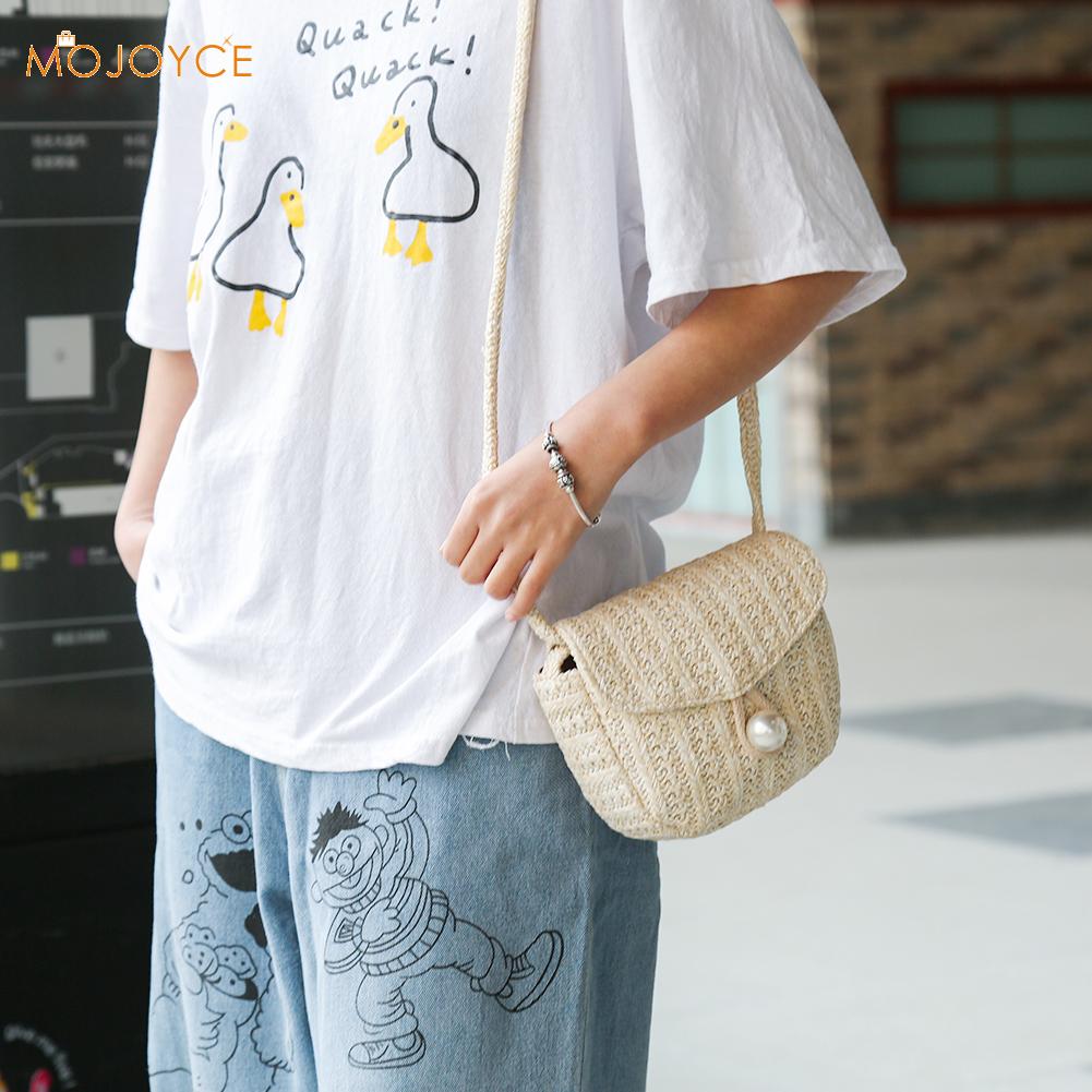 Jahrgang Frauen Perle Bote Umhängetaschen Mädchen Kleine Strand Geldbörse Schulter Handtasche Rattan Gewebt Stroh Tasche Sommer