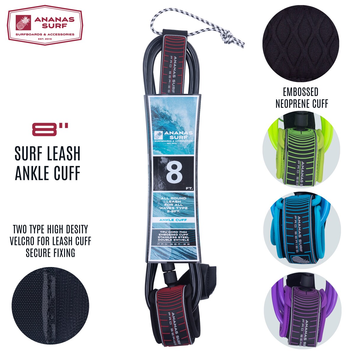 Ananas Surfen 8ft. 244 cm. Lange Surfbrett Leine Knöchel Manschette Fuß Bein Seil Sicherheit Kabel 7mm TPU Doppel Edelstahl Schwenkt