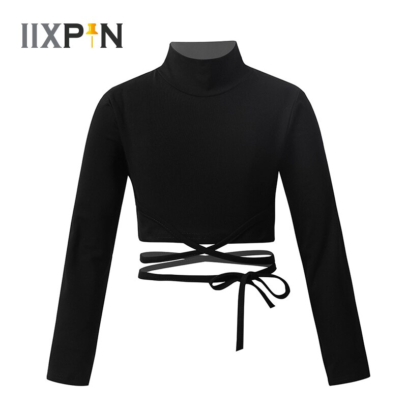 freundlicher Mädchen Ballett Hüfte hüpfen Kleidung Sweatshirt Schwarz Hemd Ernte Spitzen Lange Ärmeln Hüfte hüpfen Jazz tanzen Kleidung Ballsaal Dancewear