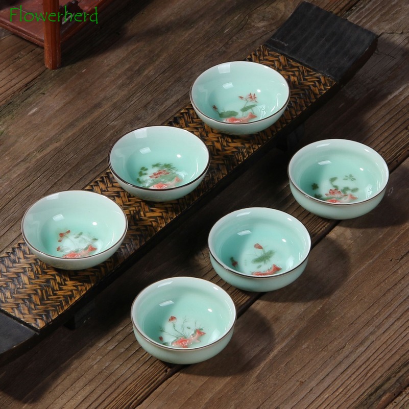 Celadon Kleine Karpfen Tee Tasse Keramik Porzellan Hand bemalt Lotus Keramik Kung Fu Tee-einstellen Tee Tasse