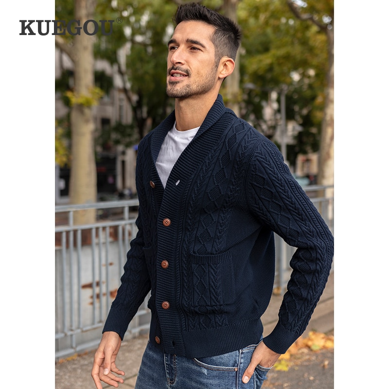 KUEGOU 100% Baumwolle Herbst Kleidung Schal kragen Männer zur Seite fahren Dicken Mantel Streetwear Strick retro Männer Outwear oben 2201