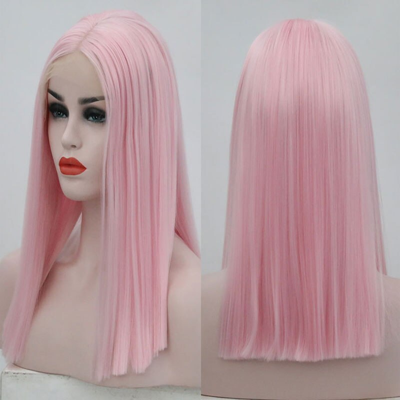 Bombe Rosa Kurze Gerade Bob Synthetische Haar Spitze Vorne Perücke Glueless Hitze Beständig Faser Haar Mittelscheitel Für Frauen Perücken
