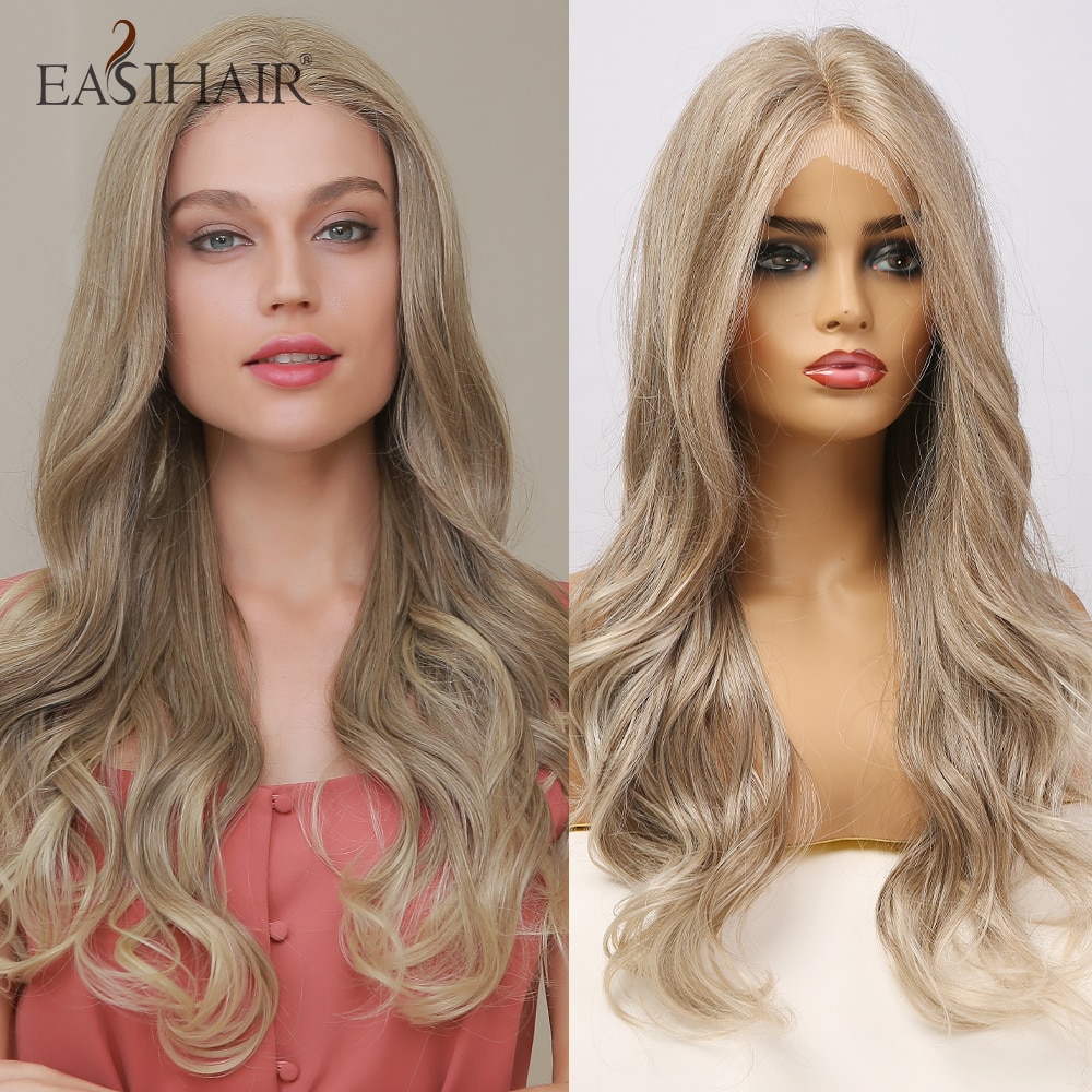 EASIHAIR Lange Körper Welle Spitze Vorne Perücken Natürliche Haar Synthetische Perücken für Frauen Grau Ombre Hohe Dichte Wärme Beständig Spitze perücken