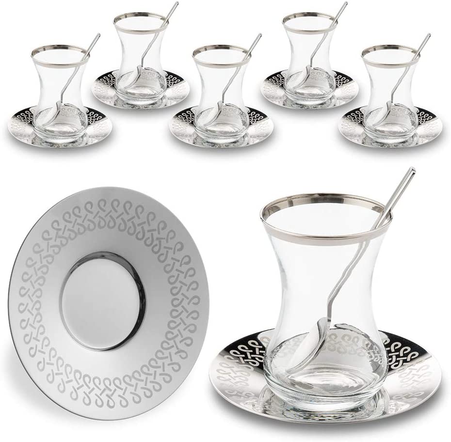Türkischen Tee Brille Tassen einstellen von 6 und Untertassen mit Löffel für Portion und Trinken Glaswaren Housewarming Frauen 3,45 unzen-1