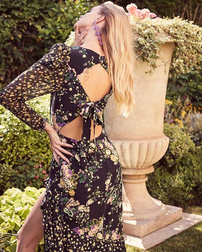 BOHO INSPIRIERT ROSS Midi- KLEID frauen schier Chiffon Ärmeln schwarz Blumen- kleid Schlüsselloch zurück boho kleid weibliche schick vestidos