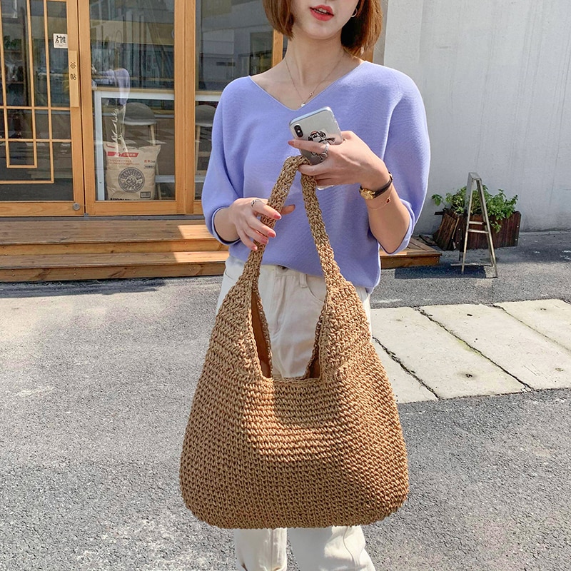 lässig stroh frauen schulter taschen Weide gewebte damen handtaschen handgemachte sommer Strand rattan tasche weibliche Bote tasche große totes