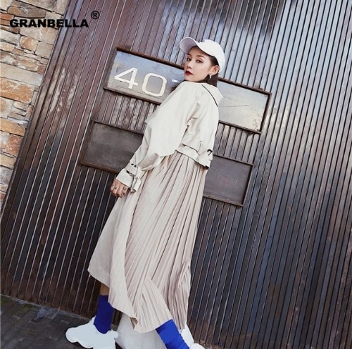 Koreanische und Japan stil lange frühling sommer graben Mantel plissee Chiffon spleißen Patchwork Mantel oberbekleidung mit gürtel