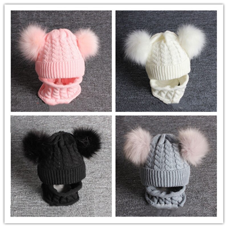 1 stücke freundlicher freundlicher Baby Mütze Hütte Kappe Jungen Mädchen Warme Winter Nachahmung Pelz wickeln Doppel Ball betroffen Schal einstellen QDD9861