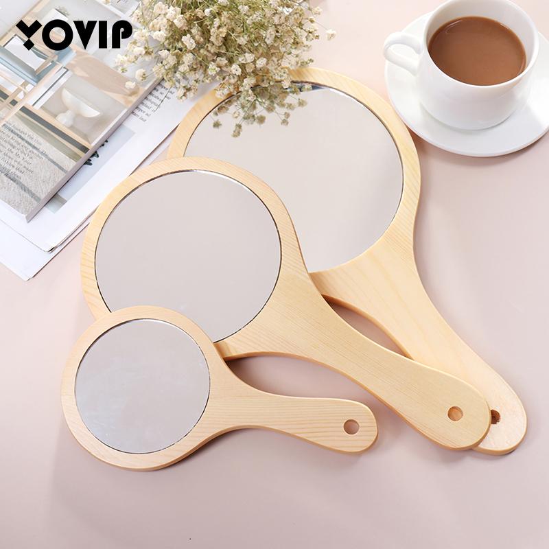 1Stck Spiegel Tragbare Runde Holz Jahrgang Hand Spiegel machen-hoch Spiegel Mit Griff Für Frauen 3 Größe Möglichkeit