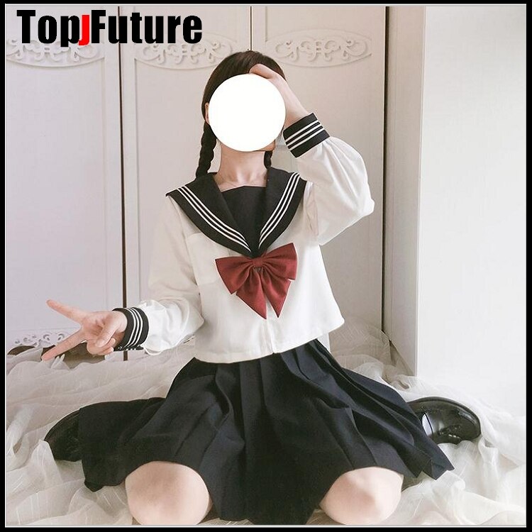 Schwarz mit 3 weiß linien Japanischen Schüler Uniform JK Uniform anzug lange kurzarm Seemann anzug plissee lolita Felsen klasse anzug