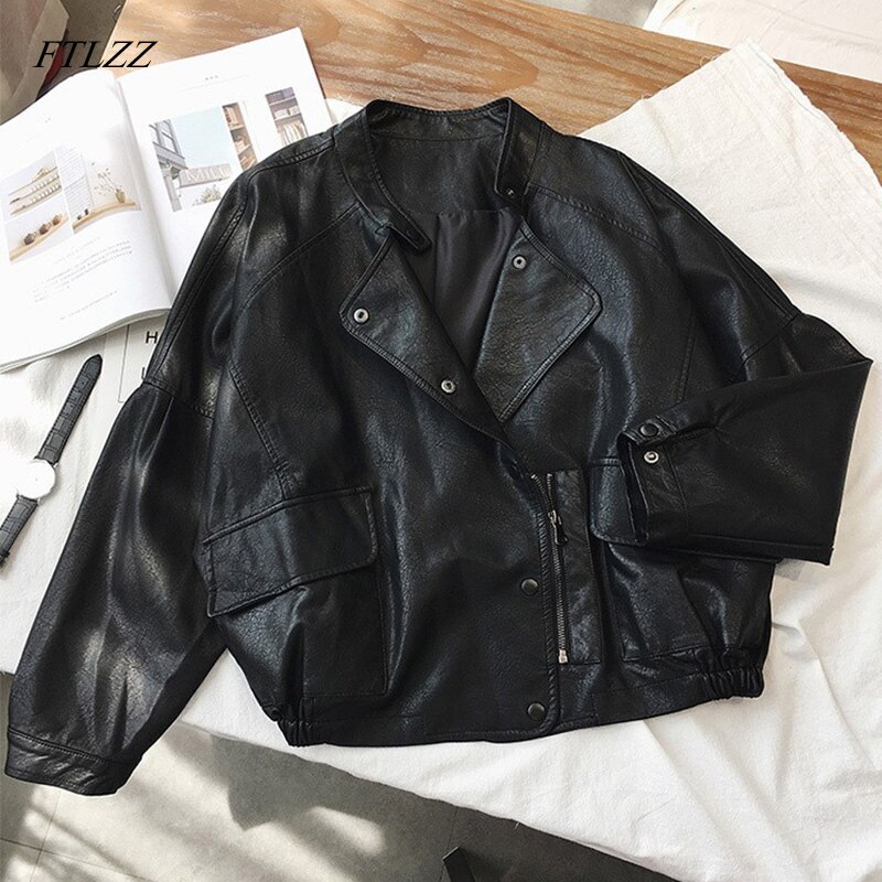FTLZZ Frauen Kurze Pu Leder Punk Jacke Schlank Reißverschluss Faux Leder Mäntel Weibliche Einreiher Motorrad Leder Oberbekleidung
