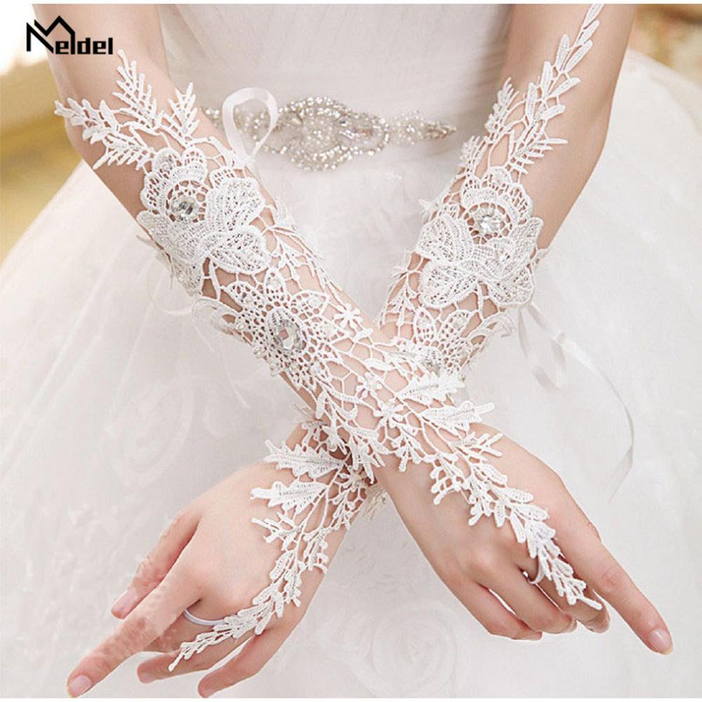 Elfenbein Spitze Braut Finger Handschuhe Frau Lange Hochzeit Handschuhe Kristall Hochzeit Zubehör für Bräute