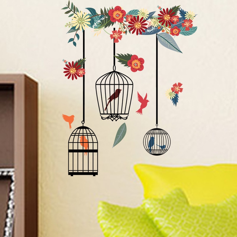 Bunte Blume Vogelkäfig Zauberstab Aufkleber für Wohnzimmer Schlafzimmer Dekoration Zauberstab Abziehbilder Große Wandbilder Kunst Poster PVC