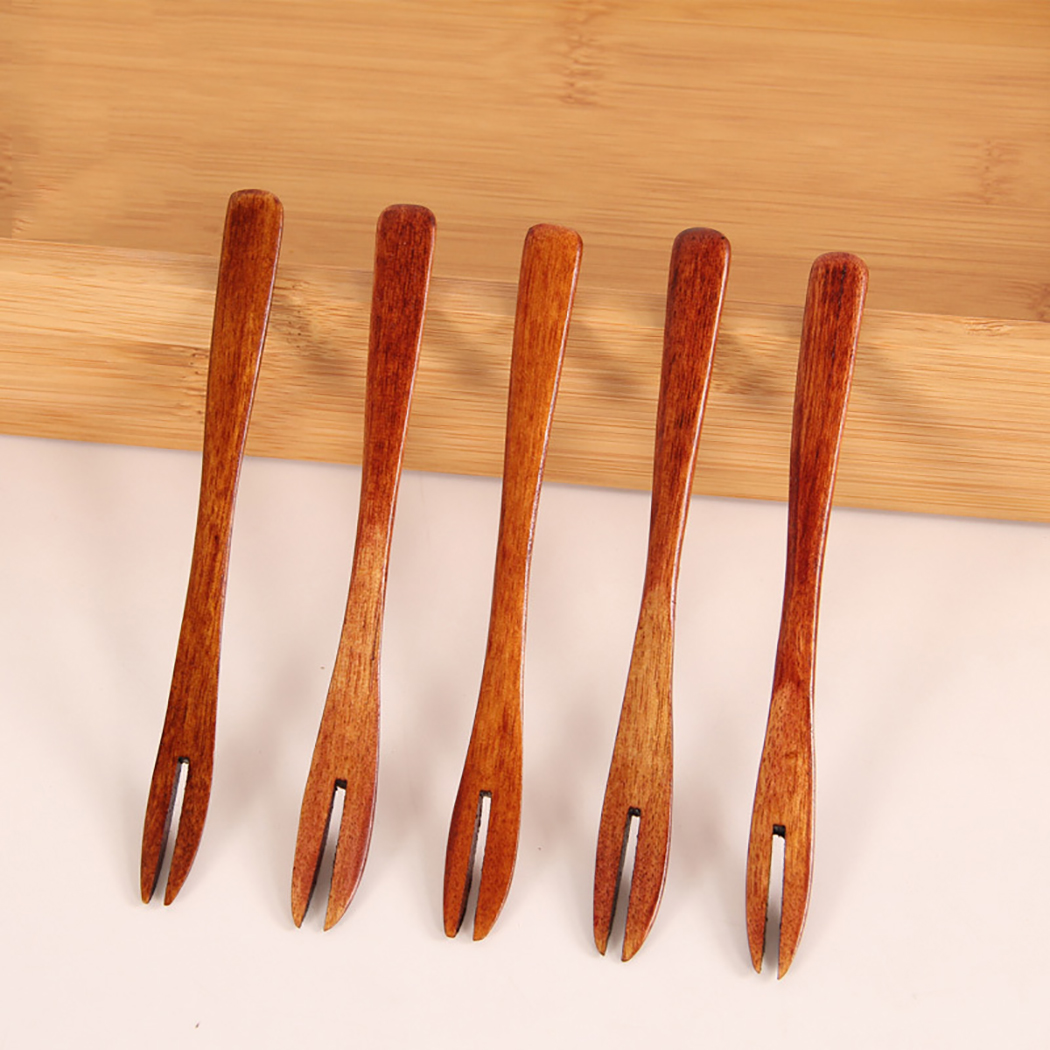 Holz Obst Gabeln Bambus Cocktail Gabel Obst wählt Spieße Stöcke Einweg Gabeln Kuchen Gabel Party Nachtisch Utensil 5 stücke