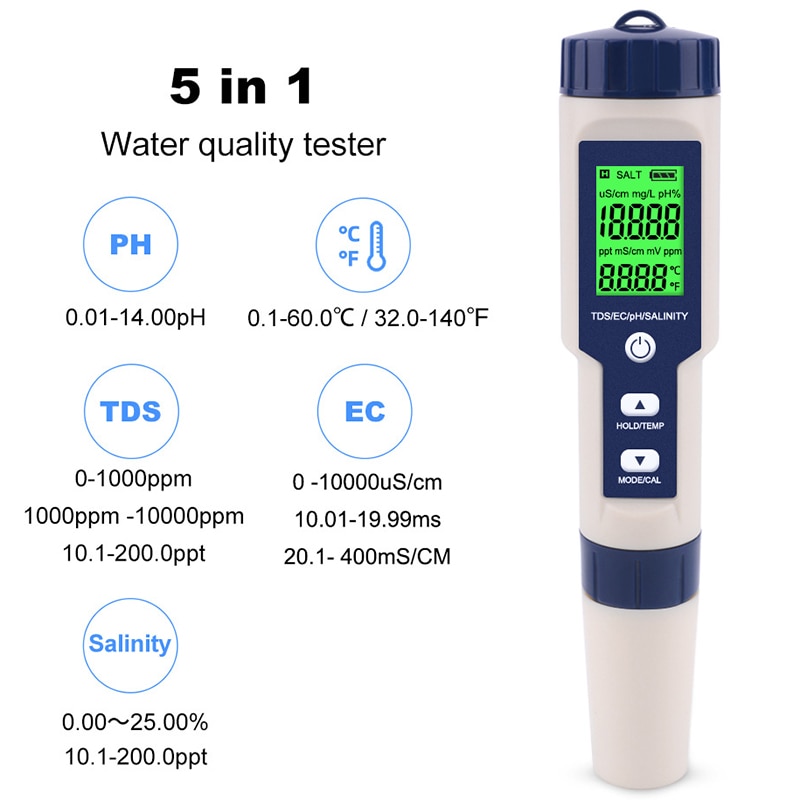 5 in 1 TDS/EC/PH/Salzgehalt/Temperatur Meter Digitale Wasser Monitor Tester für Schwimmbecken, trinken Wasser, Aquarien