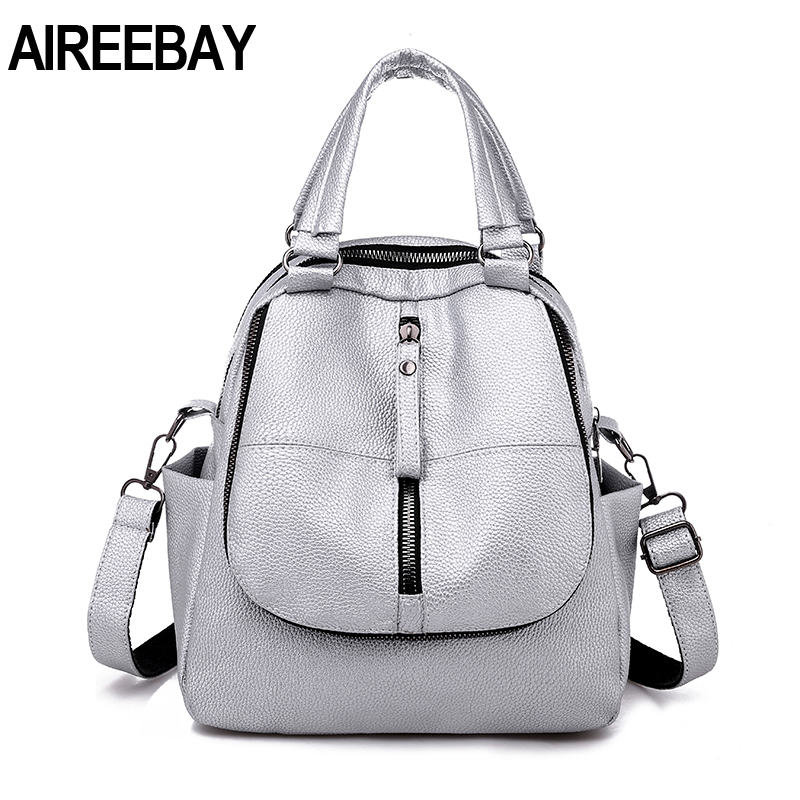 AIREEBAY Frauen Leder Rucksäcke Jahrgang Weibliche Schulter Tasche Reise Damen Bagpack Silber Schwarz Schule Taschen Für Teenager Mädchen