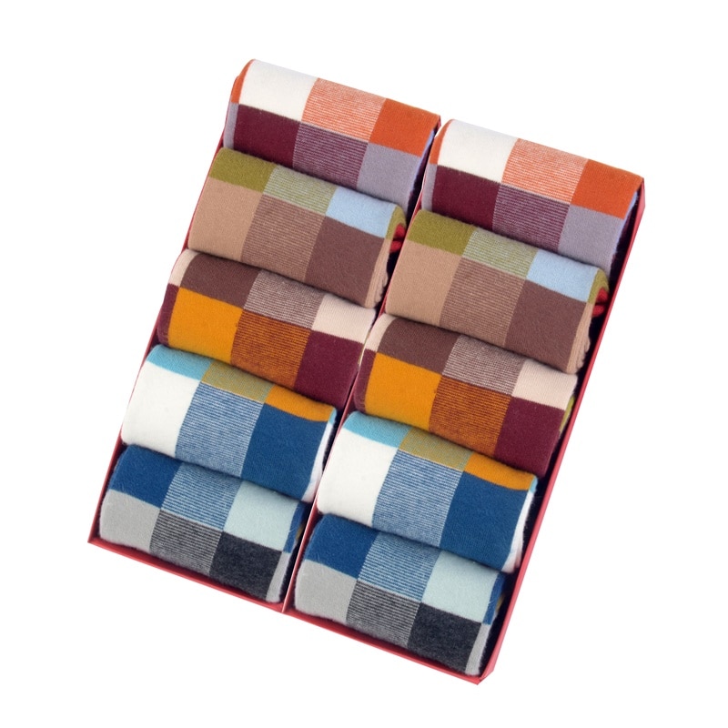 5 Paare/los Gekämmte Baumwolle herren Socken Kompression Socken Bunte Quadratische Glücklich Kleid Hohe Socken Männer Größe 39-45