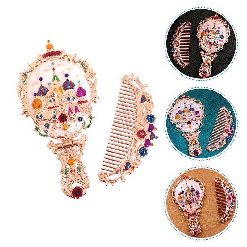 1 einstellen Faltbare machen-hoch Spiegel Handheld retro Kosmetik Spiegel mit Kamm (Rose Gold)