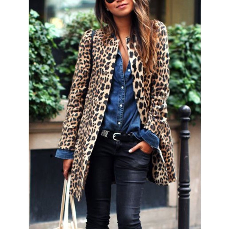 Leopard Langarm Trenchcoat für Frauen Herbst und Winter Windbreaker Weibliche Lange Mäntel Outwear Damen Mantel