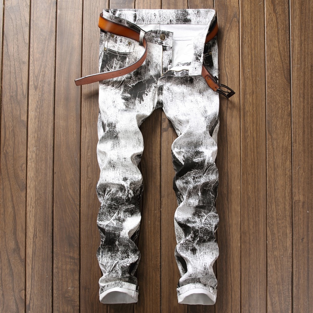 Neue 3D Weiß Gedruckt männer Jeans Männlichen Einzigartige Baumwolle strecken Jeans Mann der lässig Charakter aufbringen Radfahrer Jeans