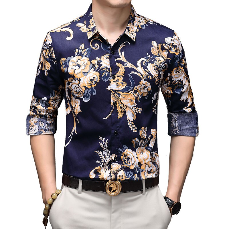 Luxus Gold Blume Shirt Männer Langarm Blau Shirt Männer oben Camisa Hemd schlank passen Party Verein Atmungsaktiv hemd Männer