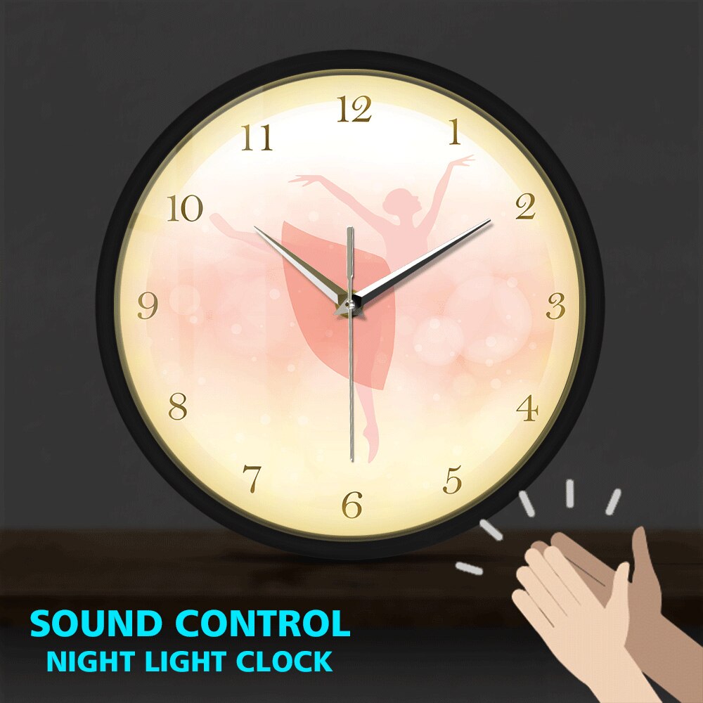 Ballett Tänzerin Mädchen Schlafzimmer Dekor Prinzessin Rosa Metall Rahmen LED Wanduhr Klang Kontrolle Tanzen Zauberstab Kunst Ballerina Uhr Uhr